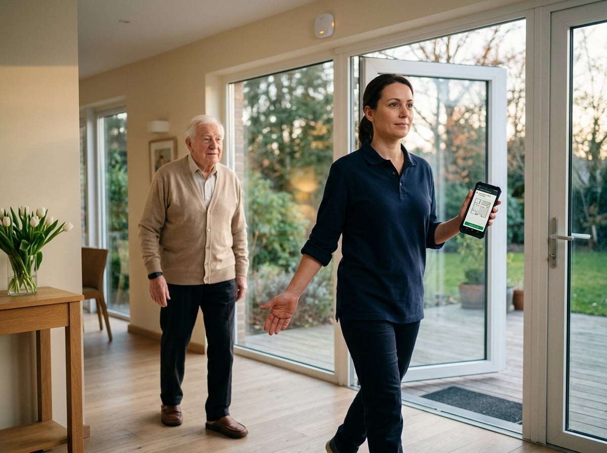 Soignante en polo bleu marine accueillant avec bienveillance un résident âgé porteur d'un bracelet BLE discret près de la porte d'entrée d'une maison de repos belge, alerte de franchissement de zone affichée sur smartphone Android professionnel
