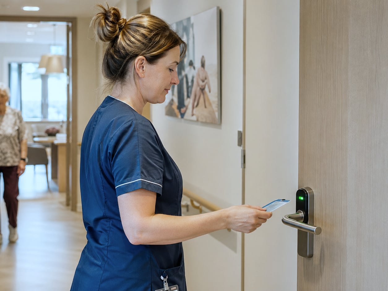 Soignante en polo bleu marine validant un accès via badge à la porte d'une unité protégée de maison de repos belge, contrôle d'accès Healthcall