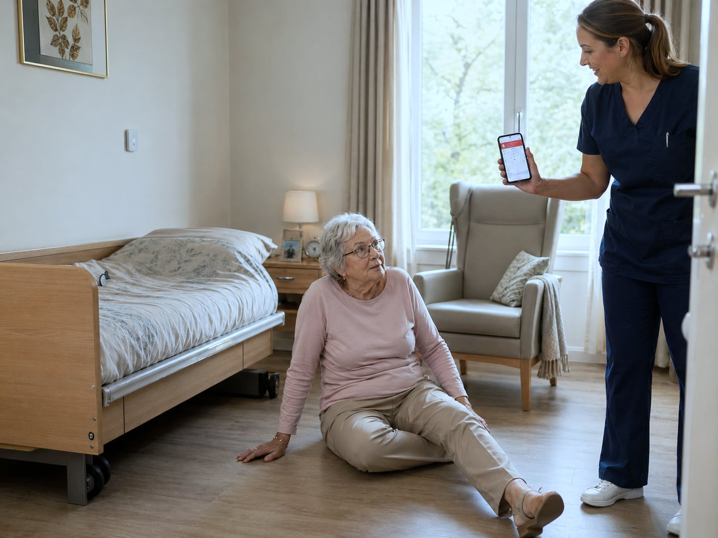Soignante en polo bleu marine intervenant rapidement auprès d'un résident âgé après une alerte de chute reçue sur smartphone Android professionnel, ambiance chambre de maison de repos belge