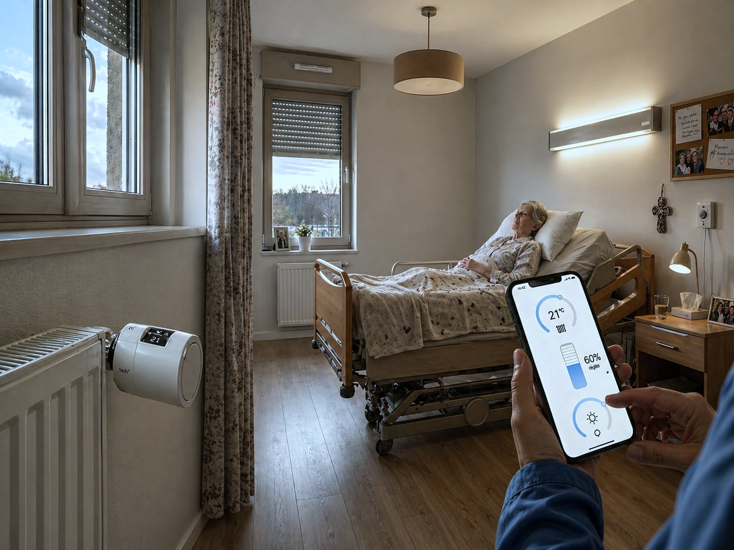 Couloir de maison de repos belge éclairé en lumière tamisée de nuit, éclairage de balisage au sol et commandes domotiques pilotées par la domotique professionnelle Healthcall