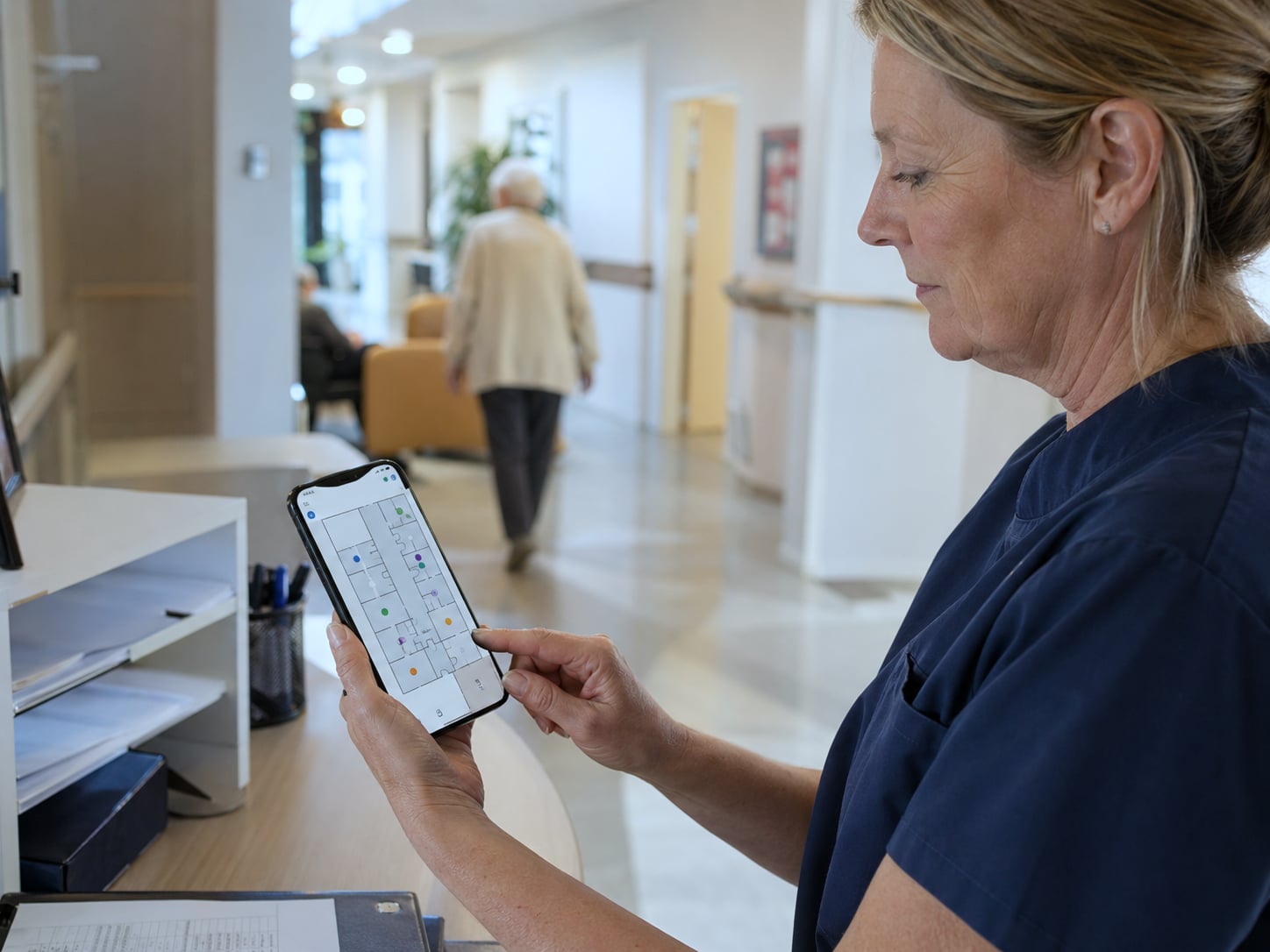 Soignante en polo bleu marine consultant un plan d'étage temps réel avec positions anonymisées des résidents porteurs d'un bracelet BLE, supervision Healthcall en maison de repos belge