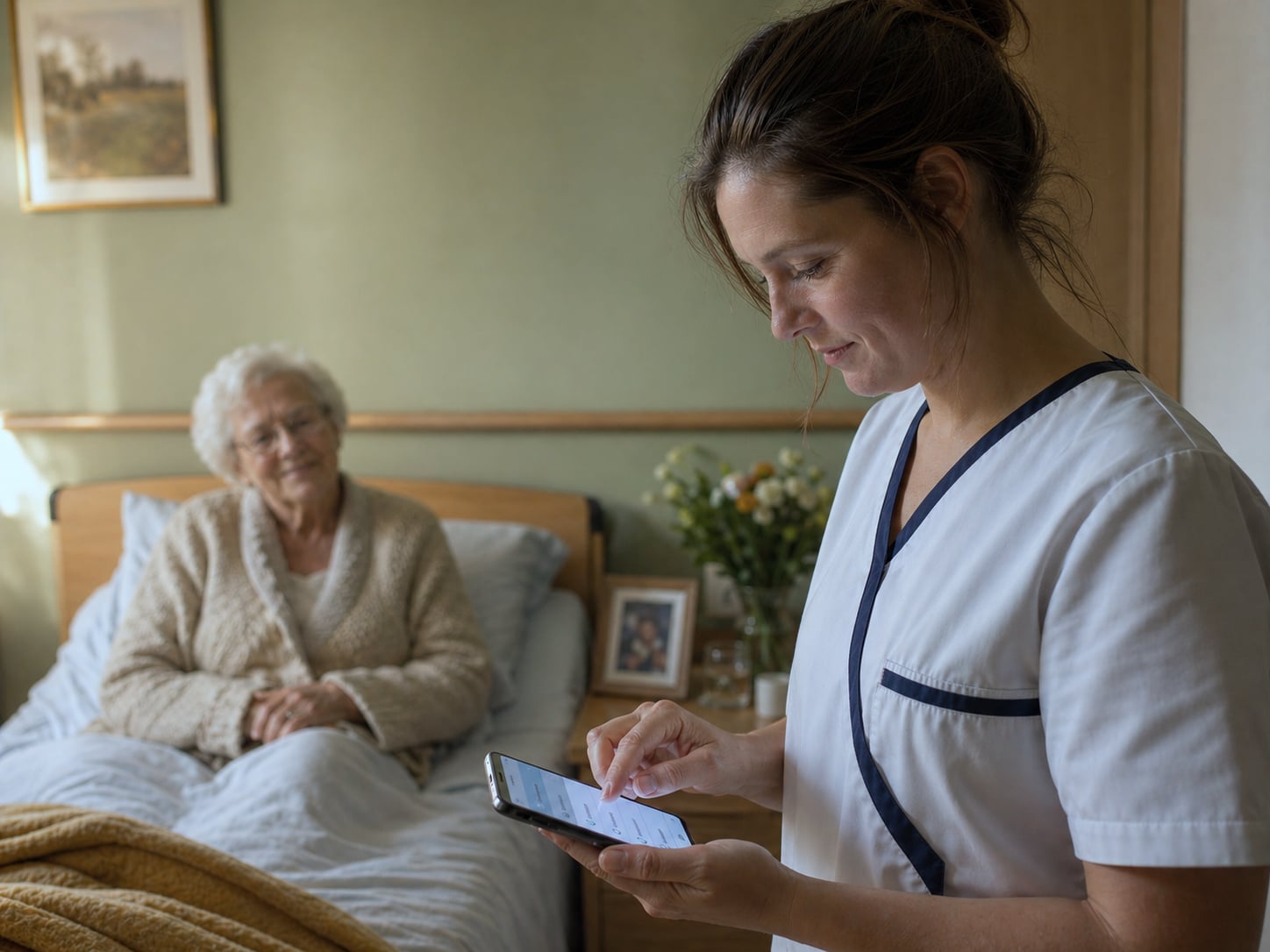 Soignante en polo bleu marine cochant un acte de soin planifié sur smartphone Android professionnel auprès d'un résident, chambre chaleureuse de maison de repos belge, planification Healthcall