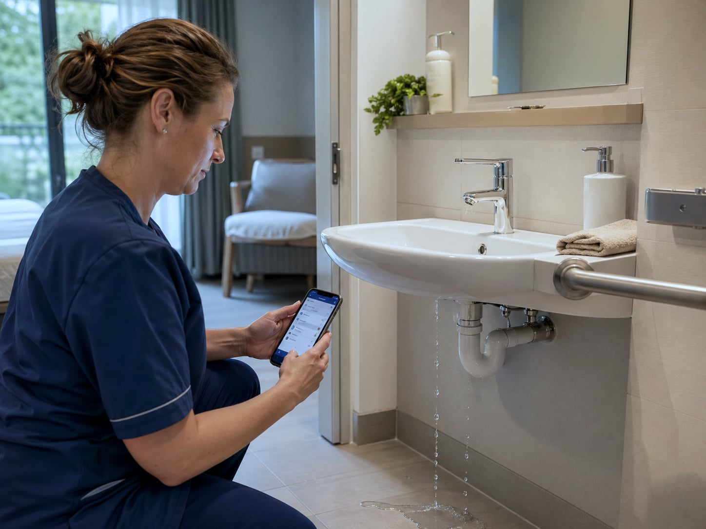 Technicien en polo bleu marine consultant une demande d'intervention technique sur smartphone Android professionnel dans le couloir d'une maison de repos belge, gestion des tâches techniques Healthcall