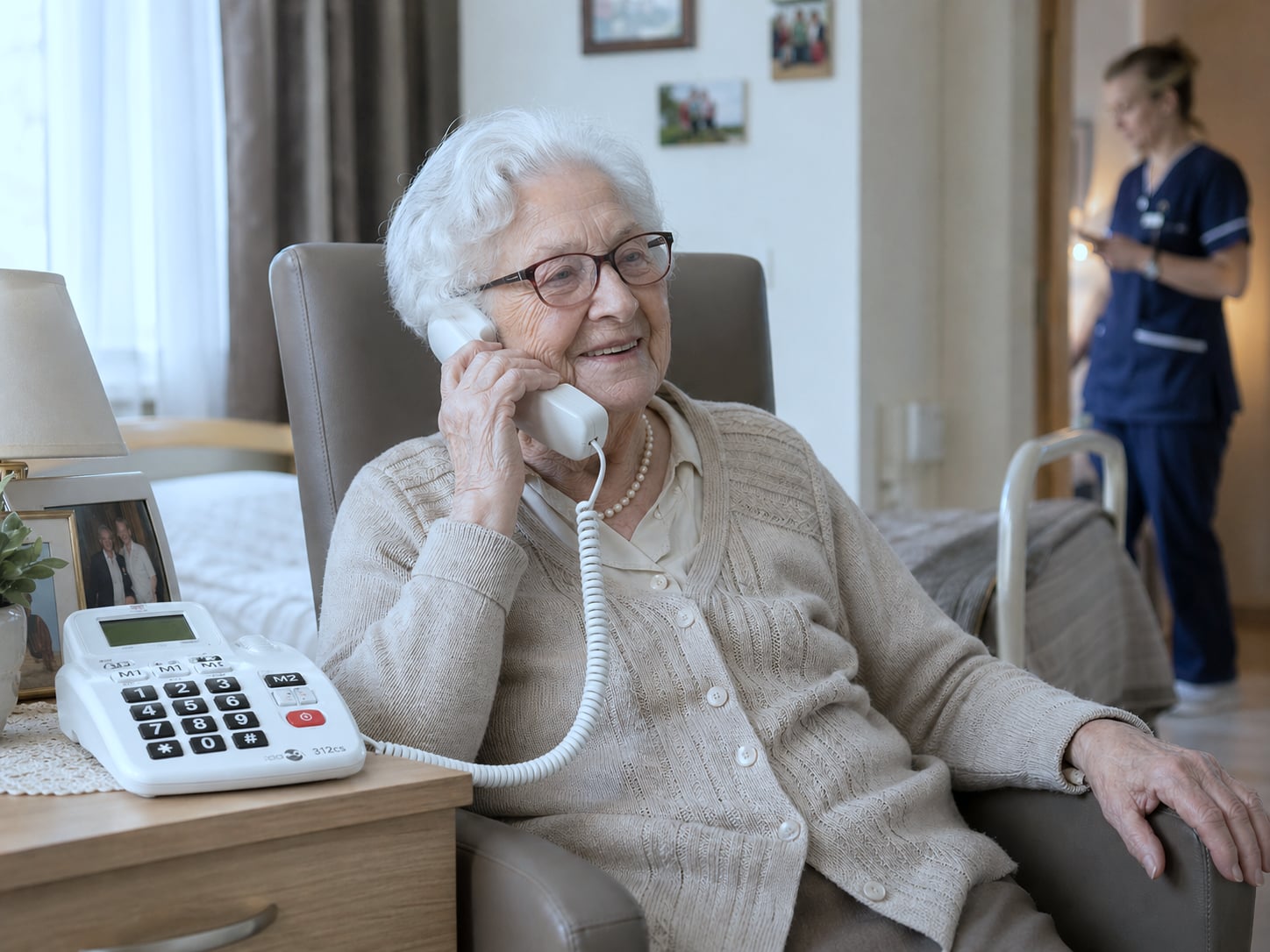 Résidente âgée tenant un téléphone à grandes touches dans sa chambre, ambiance chaleureuse de maison de repos belge, solution téléphone résident Healthcall