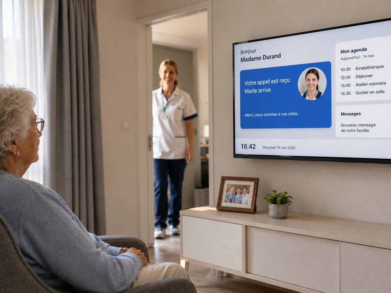 Chambre de maison de repos avec téléviseur affichant la page d'accueil personnalisée du résident, télécommande adaptée seniors posée sur la table de chevet